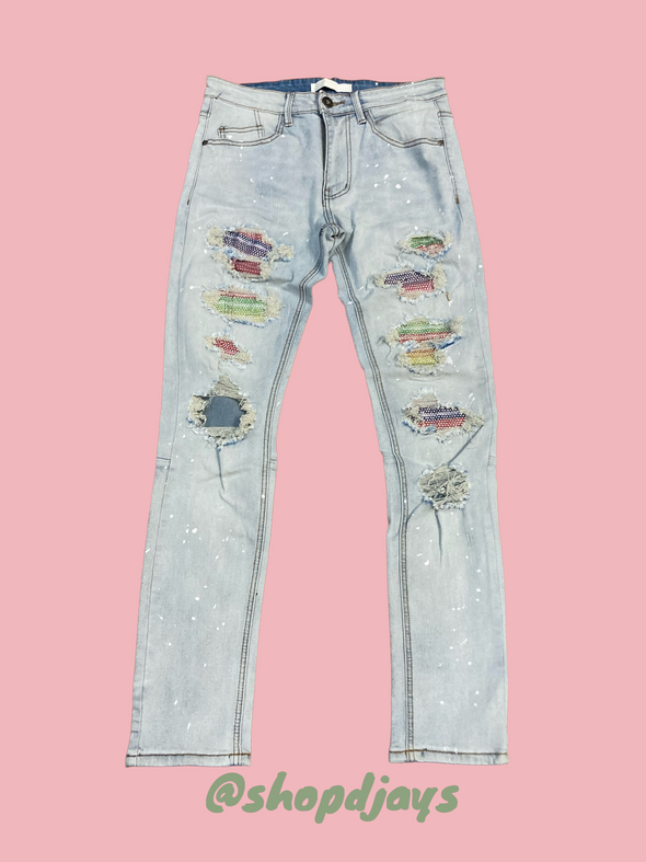 Multi Patched Jeans W/ Rhinestones- KND4330